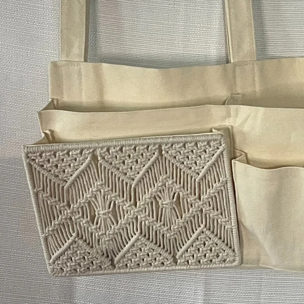 Conforming Macrame Boho Dorm Bed Caddy Organizer Remote Cream - 0198
